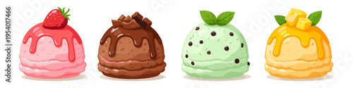 Four delicious scoops of ice cream with different flavors and toppings on a white background