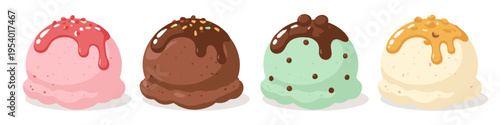 Four delicious scoops of ice cream with different toppings and flavors