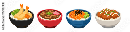 Four delicious Japanese rice bowl dishes with colorful toppings and garnishes