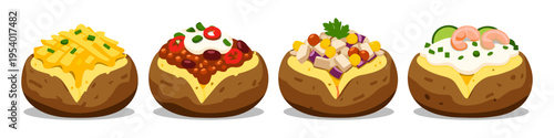 Four different loaded baked potatoes with various toppings and fillings