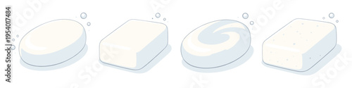 Collection of four different soap bars with bubbles, isolated on white background