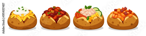 Four delicious baked potatoes with various toppings, illustrated in a cartoon style