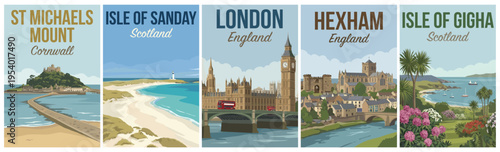 Vintage british united kingdom travel poster set. Including st michaels mount, isle of sanday, london, hexham, and isle of gigha. Retro vector artwork.