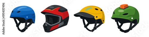 Collection of four colorful protective helmets for various sports and activities