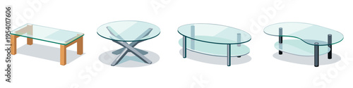 Collection of four modern glass coffee tables with unique designs and materials