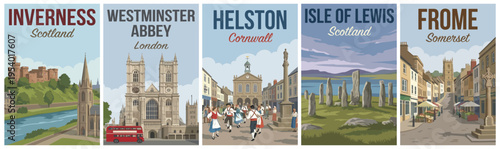 Vintage british united kingdom travel poster set. Including inverness, westminster abbey, helston, isle of lewis, and frome somerset. Retro vector.