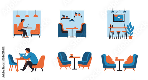 Modern Cafe and Restaurant Interior Scenes with Remote Workers and Cozy Seating - Flat Vector Illustration Collection