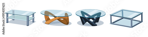 Collection of modern glass coffee tables with unique bases and designs