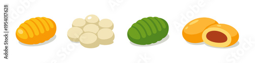 Collection of stylized cartoon pastries and sweets on a white background