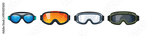 Collection of four different styles of protective goggles for outdoor sports