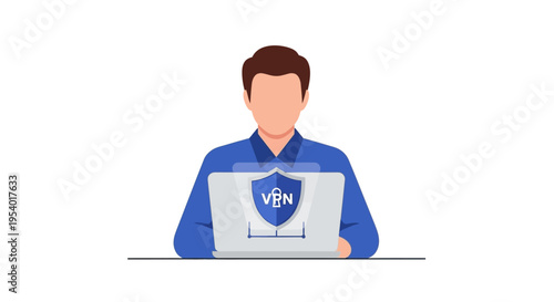 Man Using Laptop with VPN Shield Icon for Online Security and Data Protection