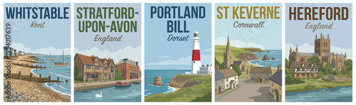 Vintage british united kingdom travel poster set. Including whitstable, stratford upon avon, portland bill, st keverne, and hereford. Retro vector.