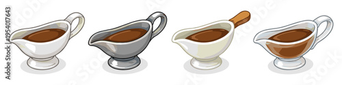 Collection of four gravy boats filled with rich brown sauce, isolated on white