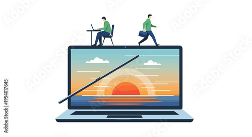 Work-Life Balance & Remote Work Concept: Professional with Laptop, Ocean Sunset, and Daily Routine Transition