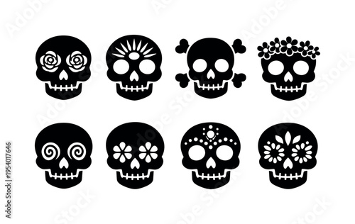 Sugar skull decorative motifs: skull with rose eyes, skull with sunburst forehead, skull with cross bones, skull with floral crown, skull with spiral cheeks, skull with petal