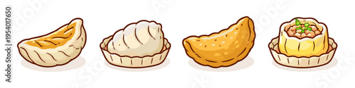 Collection of four delicious cartoon dumplings and dim sum on white background