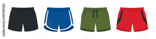 Collection of four athletic shorts in different colors and styles for sports and leisure