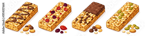Assortment of four delicious granola bars with various toppings and ingredients