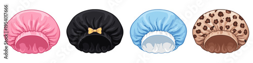 Collection of four colorful shower caps with different patterns and designs