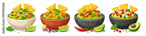 Four bowls of fresh guacamole with tortilla chips and lime wedges