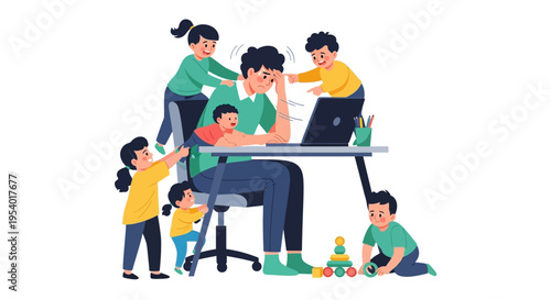 Stressed Father Working Remotely with Demanding Children. Overwhelmed Parent Juggling Work-Life Balance and Home Chaos.