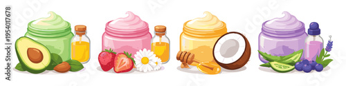 Assortment of natural skincare creams and essential oils with fresh ingredients