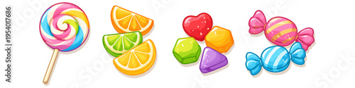 Assortment of colorful candies and fruit slices on a white background