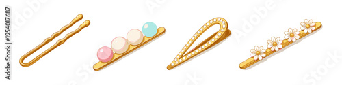 Collection of decorative golden hairpins with pearls, rhinestones, and floral designs
