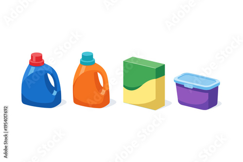 Colorful household cleaning and storage supplies in a row