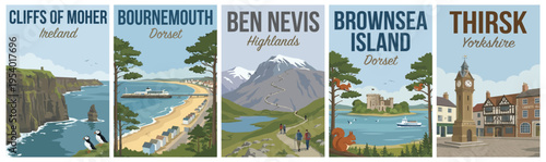 Vintage british and irish travel poster set. Including cliffs of moher, bournemouth, ben nevis, brownsea island, and thirsk. Retro vector.
