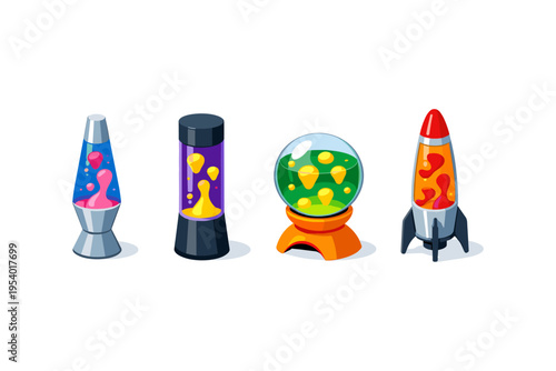 Collection of retro lava lamps and a novelty rocket lamp with colorful blobs