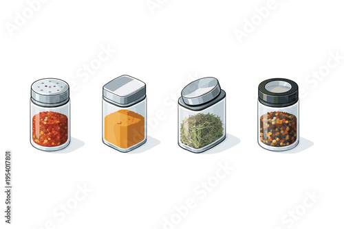 Collection of four isometric spice jars with different seasonings on a white background