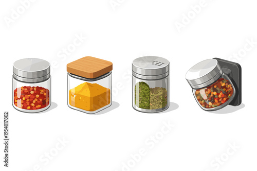 Collection of four isometric spice jars filled with various seasonings and spices