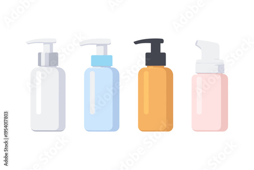 Collection of four colorful pump bottles for cosmetics and personal care products