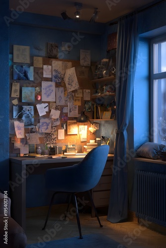Teenage bedroom with blue walls and a desk, adorned with sketches and notes on the wall, softly lit by warm light creating an inviting atmosphere