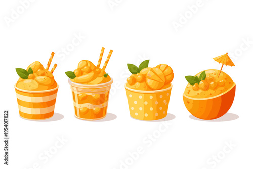 Four delicious mango desserts and drinks with fresh mint and garnishes