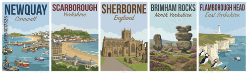 Vintage british united kingdom travel poster set. Including newquay, scarborough, sherborne, brimham rocks, and flamborough head. Retro vector landscape design.