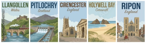 Vintage british united kingdom travel poster set. Including llangollen, pitlochry, cirencester, holywell bay, and ripon landmarks. Retro vector illustration.