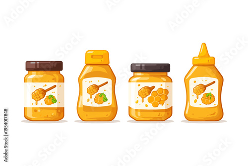 Collection of four cartoon honey jars and bottles with labels showing honey dippers and combs