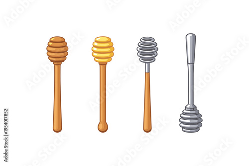 Collection of four honey dippers, two wooden, one metal spiral, and one stainless steel