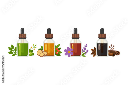 Collection of four dropper bottles with essential oils and natural ingredients