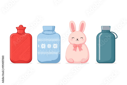 Cute collection of hot water bottles and a bunny shaped warmer for winter comfort