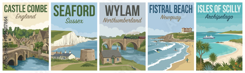 Vintage british united kingdom travel poster set. Including castle combe, seaford, wylam, fistral beach, and isles of scilly. Retro vector illustration.
