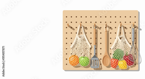 Kitchen storage board displays fresh fruits in net bags and various cooking utensils. Functional wooden kitchen storage board organizes essential tools, improving kitchen utility.