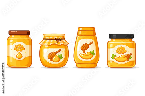 Colorful collection of honey jar designs with varied labels and shapes