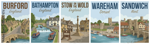 Vintage british united kingdom travel poster set. Including burford, bathampton, stow on the wold, wareham, and sandwich kent. Retro vector landscape art.