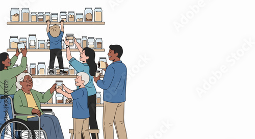 Family pantry organization, arranging glass jars on shelves. Diverse multigenerational group works on home pantry organization for efficient storage.