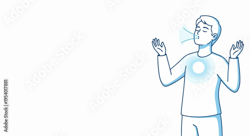 Line art illustration of person demonstrating deep breathing exercise, focusing on calm breath control. Male figure exhaling steadily, symbolizing deep breathing for relaxation, stress management.