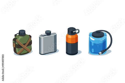 Collection of four different types of portable water containers for outdoor activities