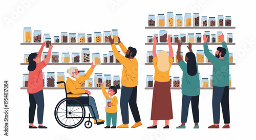 Diverse group at community pantry, reaching for jars of dry goods from shelves. Adults, child, person in wheelchair show inclusive participation in community pantry initiative.